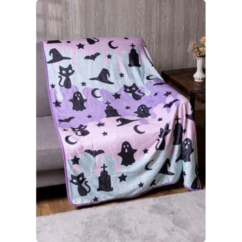 Halloween Plush Throw‎ Blanket 60x48 Plush NWT New Pastel Ghost Black Cats